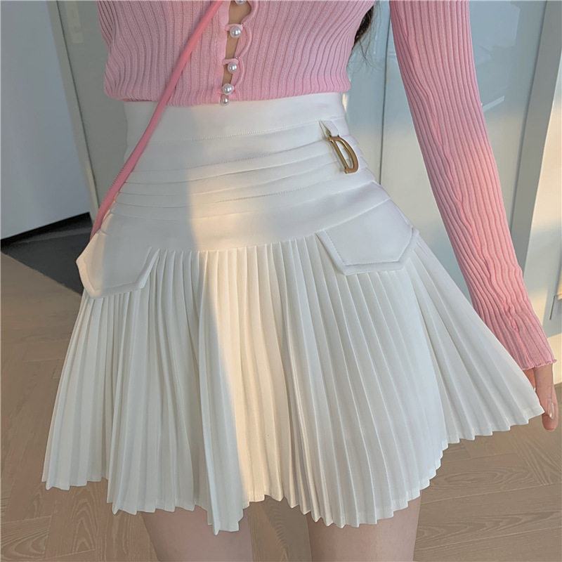 2022 White Pleated Skirts Sexy Casual Slim College Women High Waist Mini Metal Letter D A-Line Clubwear Korean Fashion Style alx