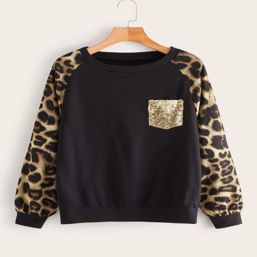 Contrast Leopard Print Sequin Pocket Sweatshirt