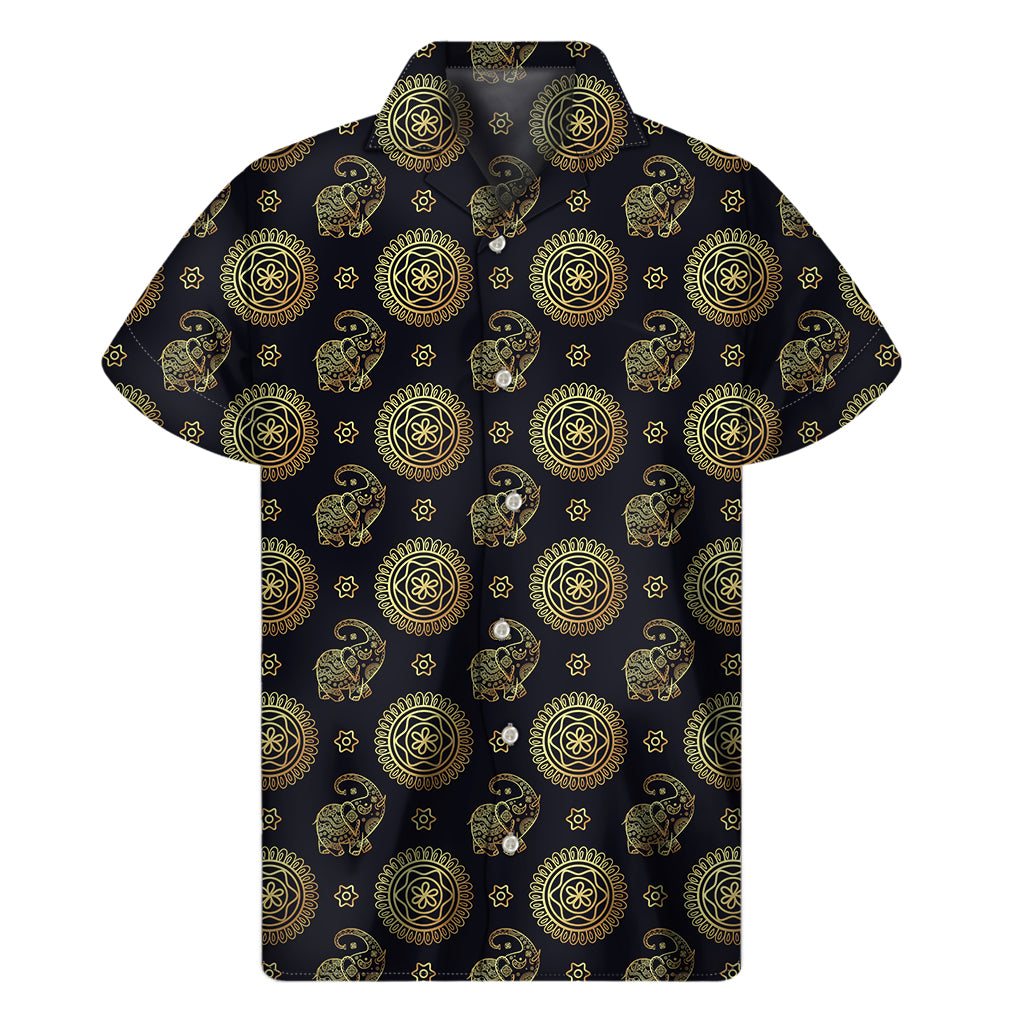 Blue And Gold Tribal Elephant Print Men’S Short Sleeve Shirt