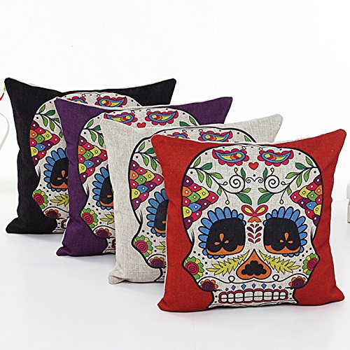 4 Pcs 18” Retro Colorful Floral Mexican Day Of The Dead Sugar Skull Linen Pillow Cushion Covers 4Ns6