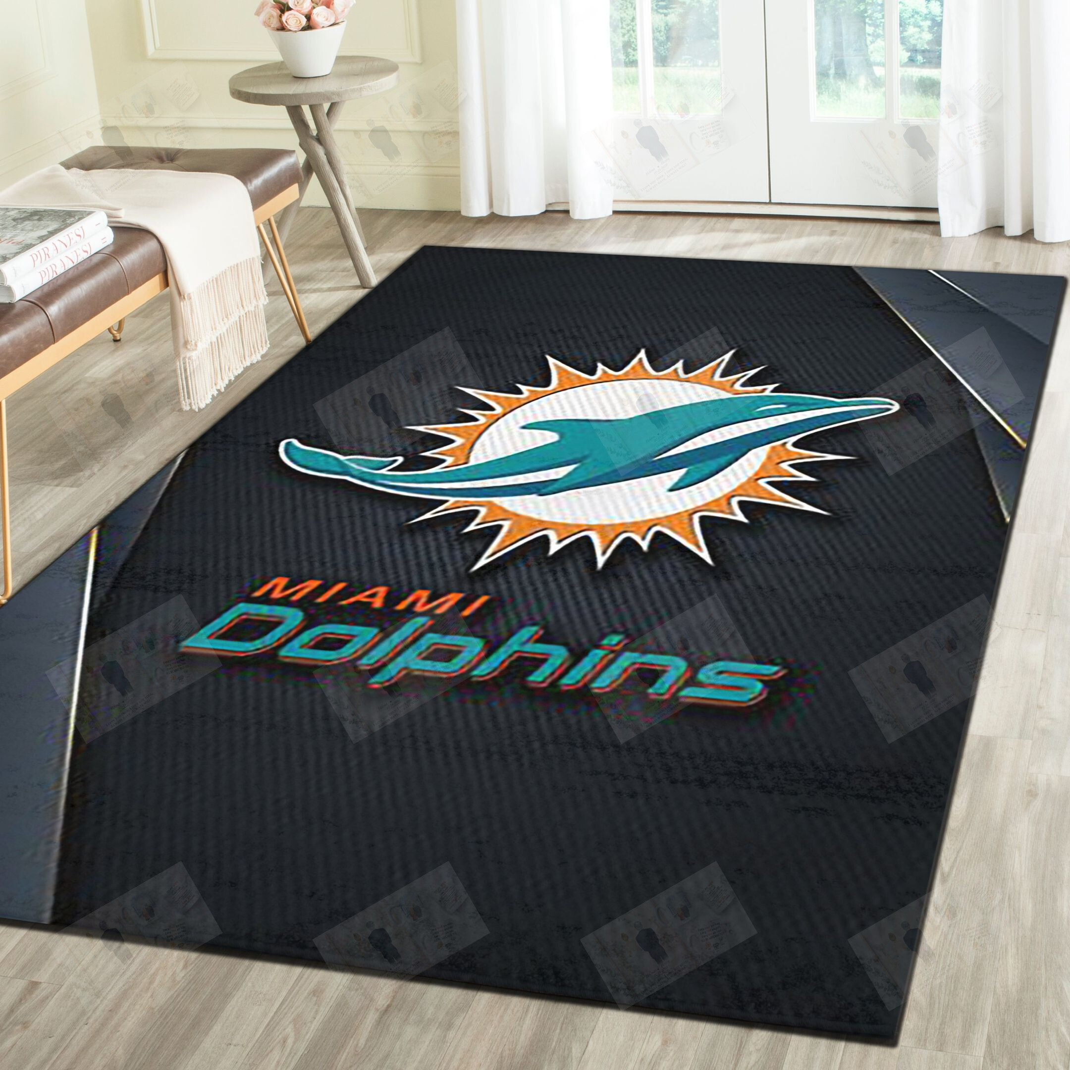 Miami Dolphins Area Rugs, Football Team Living Room Carpet, Sports Floor Decor