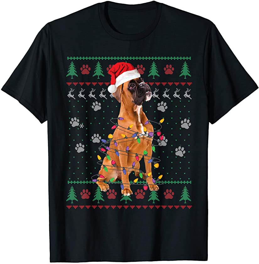 Boxer Christmas Ugly Sweater Santa Hat Dog Lover Gift T-Shirt