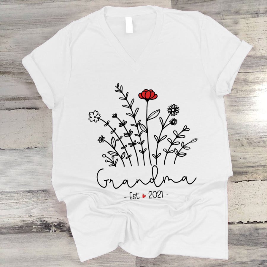 Personalized Grandma Est Flower V-Neck