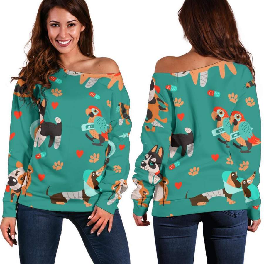 Veterianary Animal Pattern Print Women Off Shoulder Sweatshirt