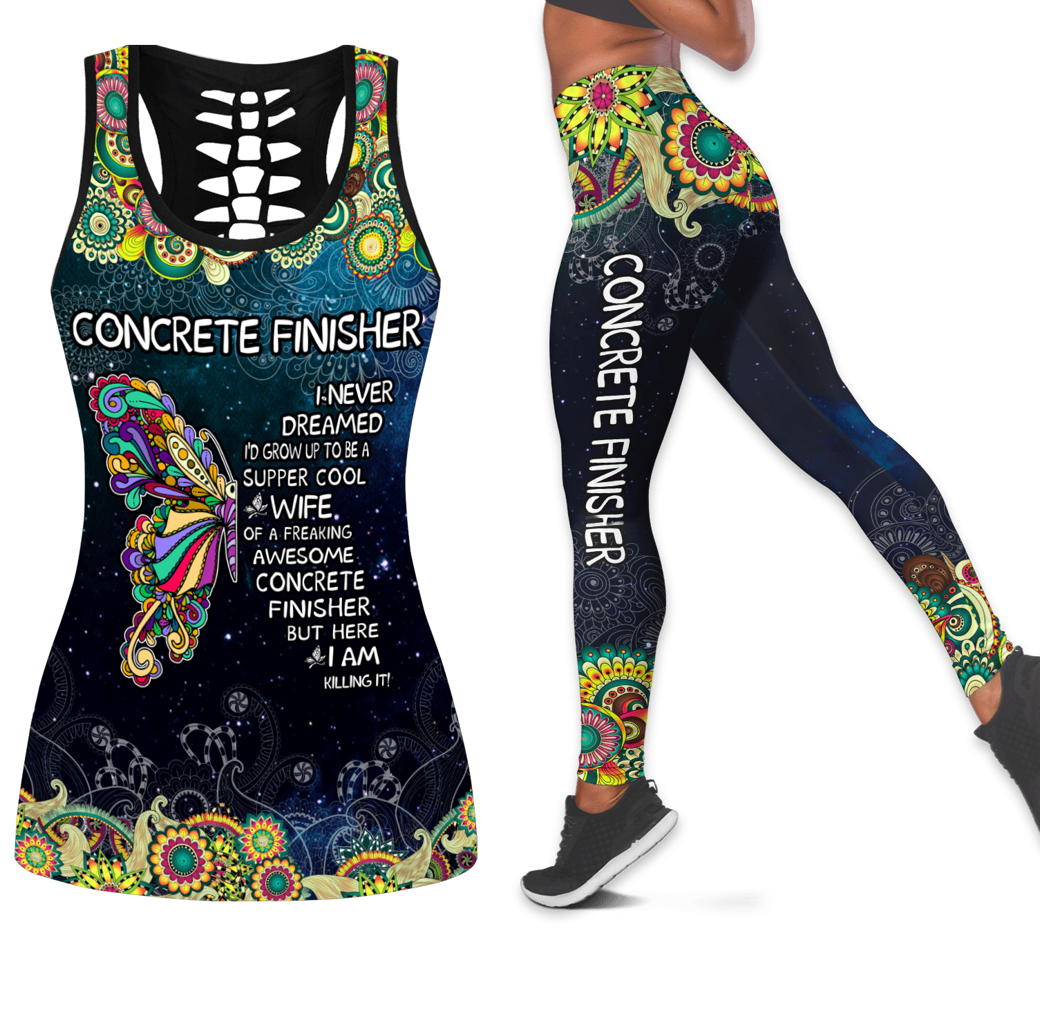 Supper Cool Wife Of Concrete Finisher Butterfly Pattern Combo Legging Hollow Tank