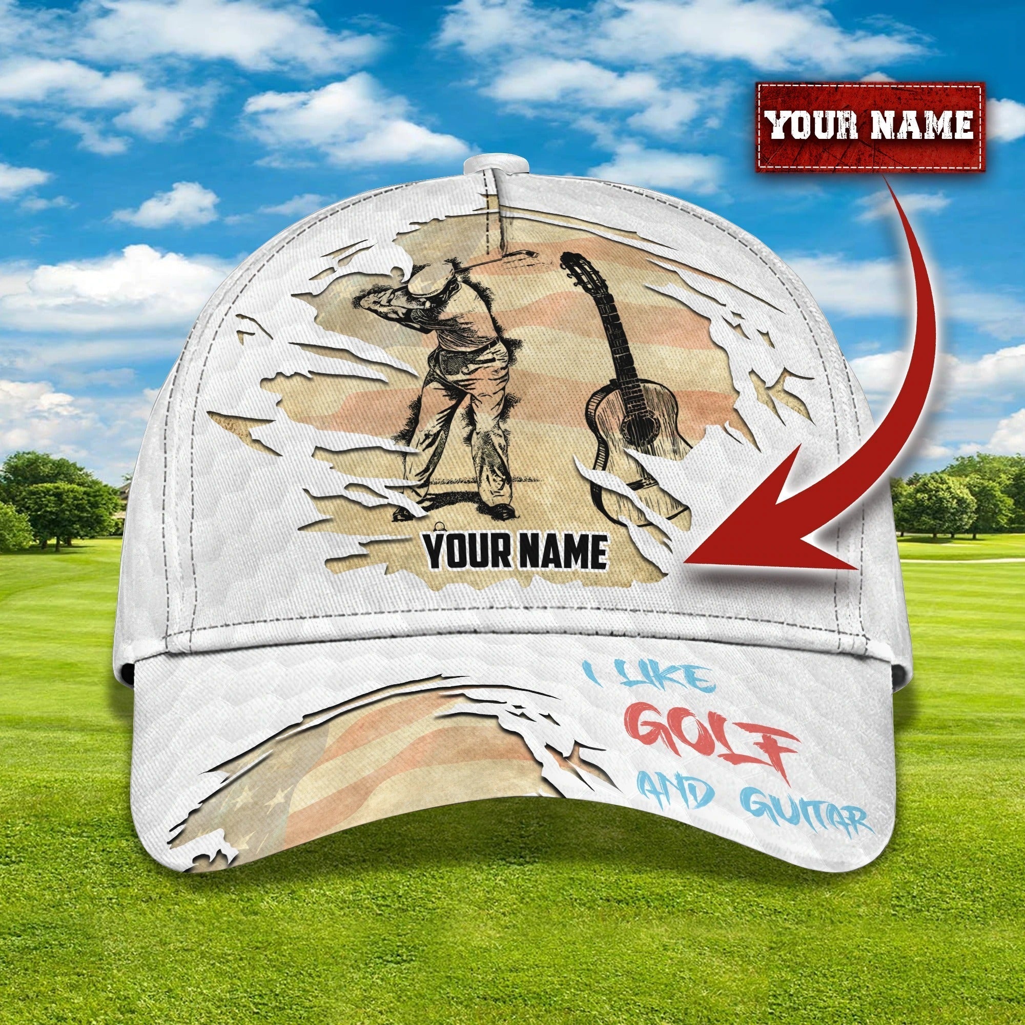 Custom With Name Baseball Cap For Golfer, I Like Golf And Guitar 3D Cap Hat, Golf Hat Mens