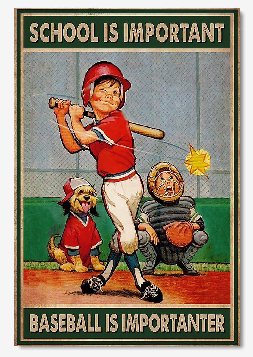 Boy And Dog School Is Important Baseball Is Important Dog Wall Art For Home Decor Baseball Player Gift Poster