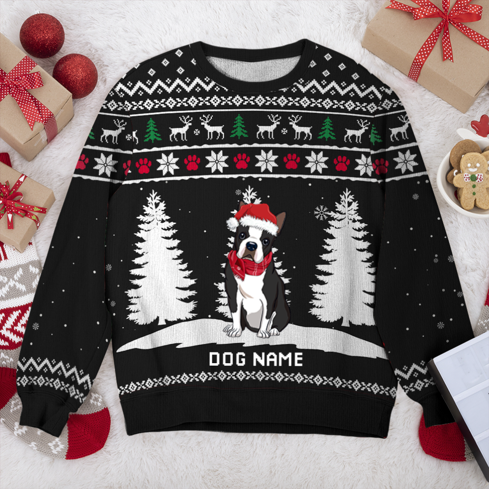 Boston Terrier Winter Dog Personalized Sweater, Dog Ugly Christmas Sweater