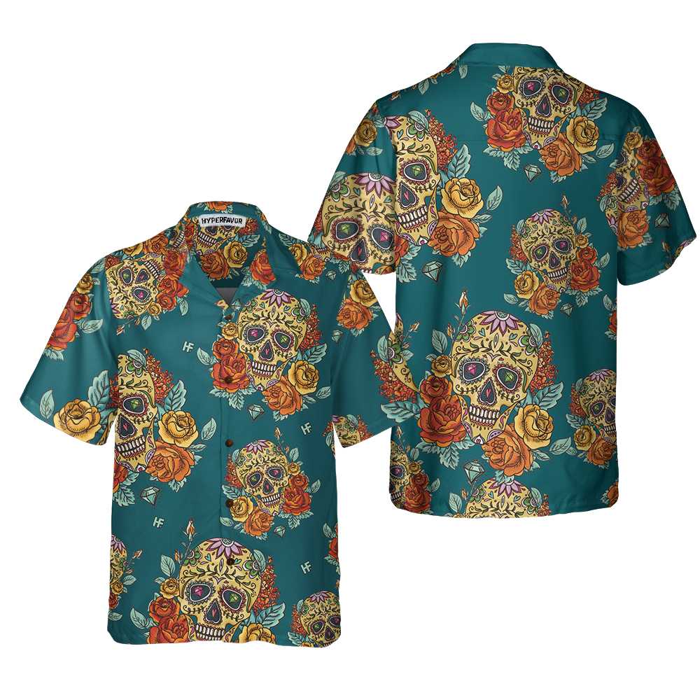 Yellow Roses Sugar Skulls Hawaiian Shirt, Mexican Skull Shirt, Best Day Of The Dead Gift