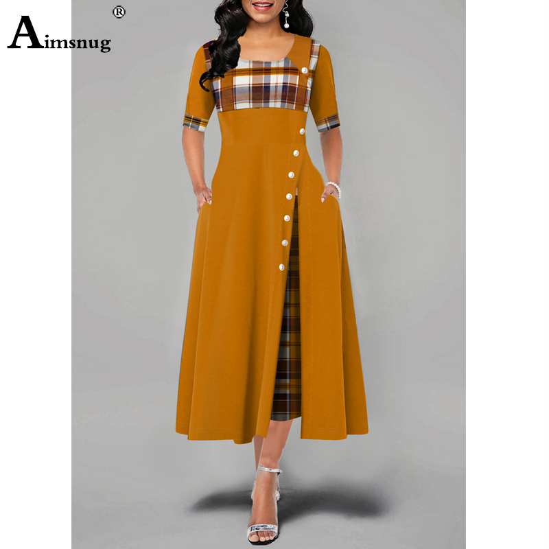 Women Elegant Long Plaid Print Party Dresses England style Irregular Robe Ladies Vintage Button Dress Patchwork A-Line Dresses alx