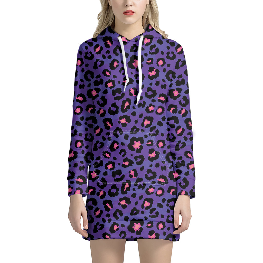 Purple And Pink Leopard Print Women’S Pullover Hoodie Dress