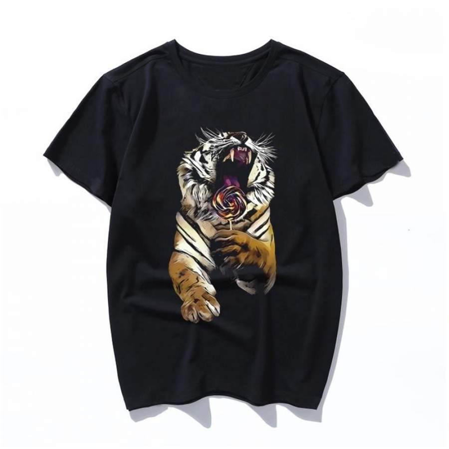 tiger loves lollipop ins Harajuku cartoon top cute Ulzzang Fun korean large size punk print men shirt clothes gothic women o-neck T-shirt