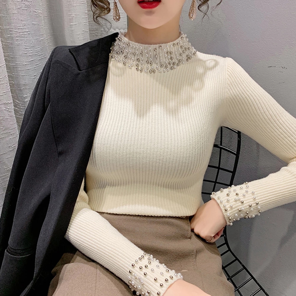 Autumn Winter Knitted Pullover Women Half High Collar Pearls Skinny Knitted Sweater Femme Cotton Casual Basic Sweater alx