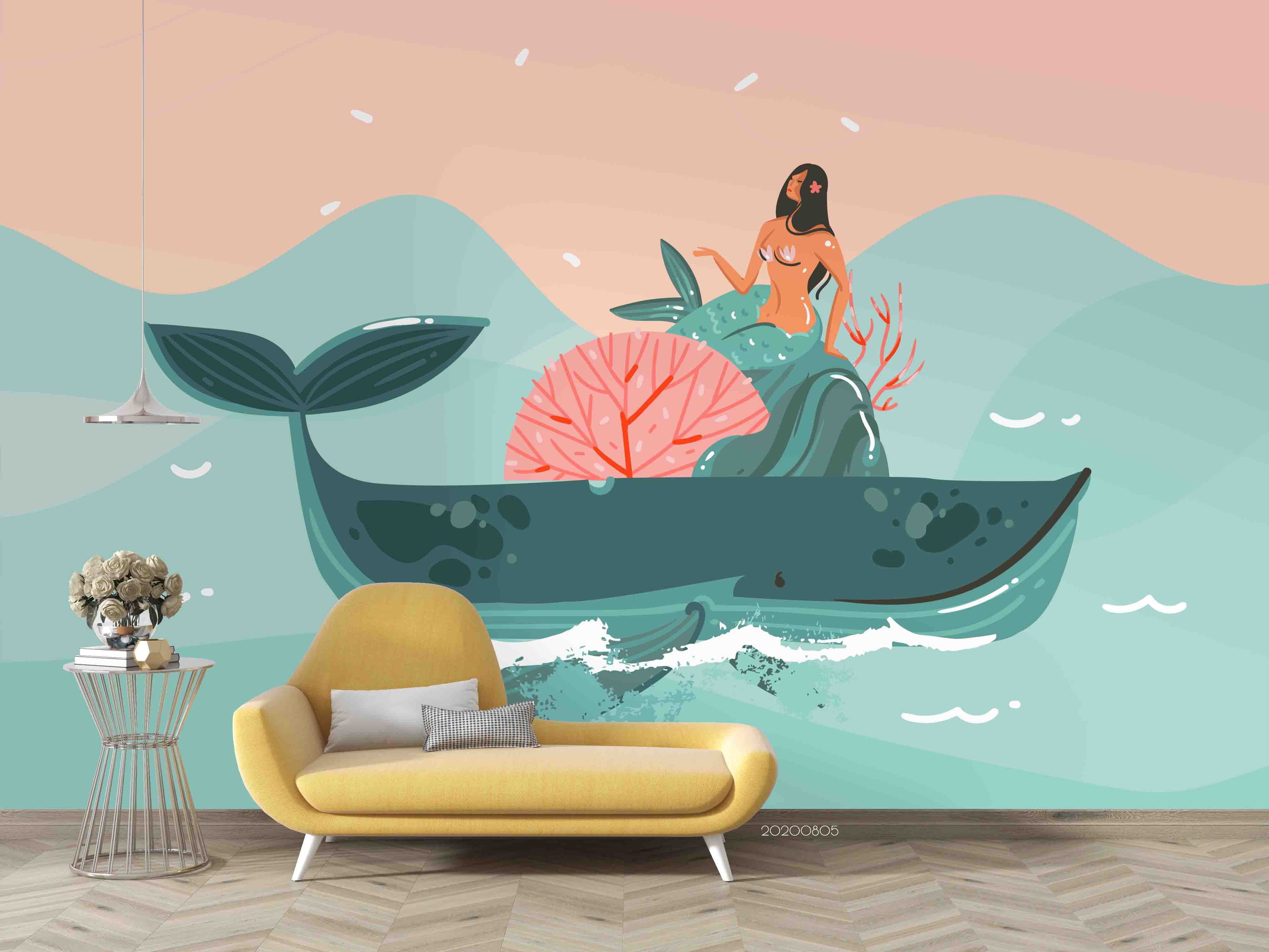 3D Cartoon Shark Mermaid Wall Mural Wallpaper Sf 44