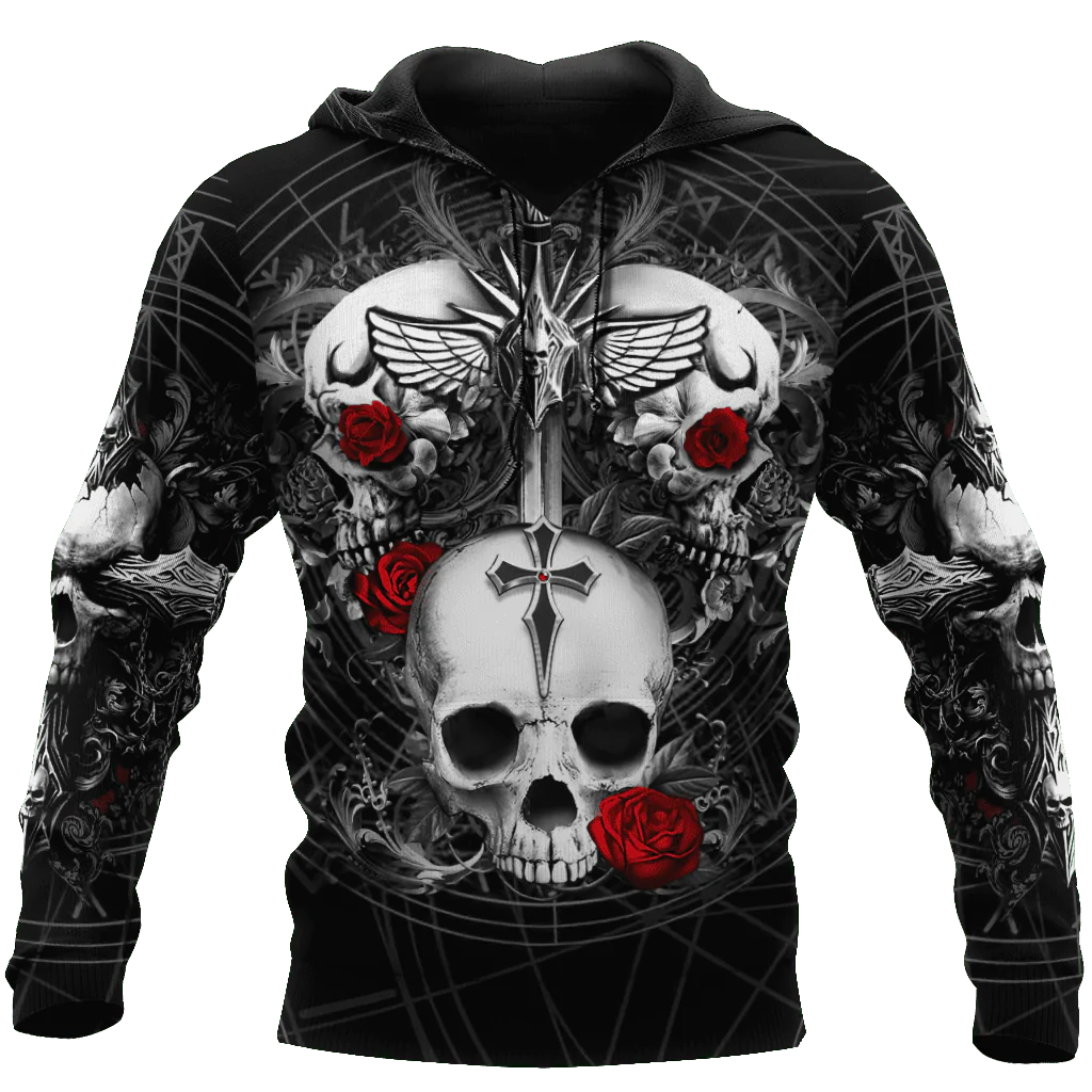 Skulls And Flowers Unisex 3D Hoodie All Over Print, Black Skull Hoodie