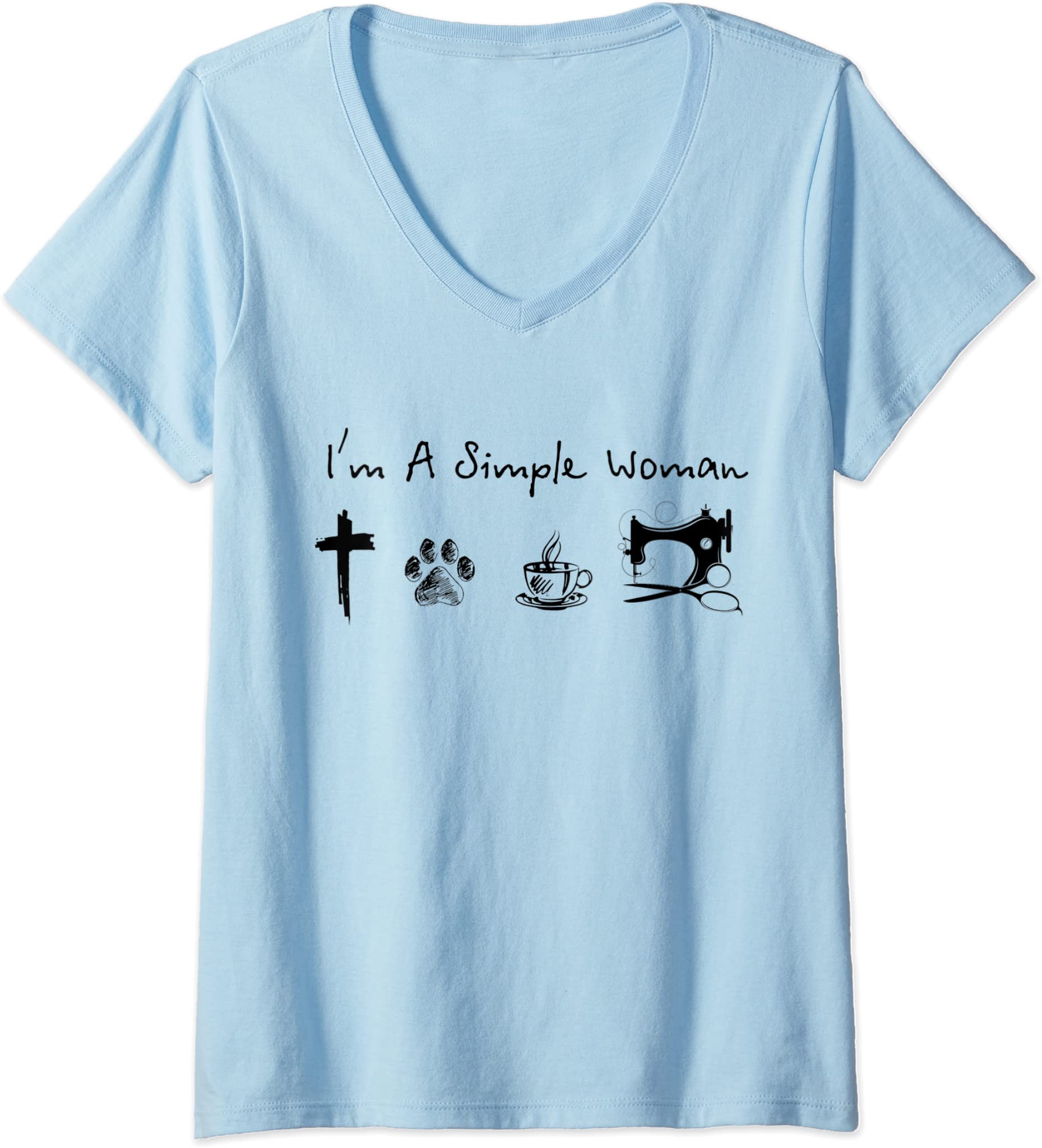 Womens I’m a simple woman jesus dog coffee sewing V-Neck