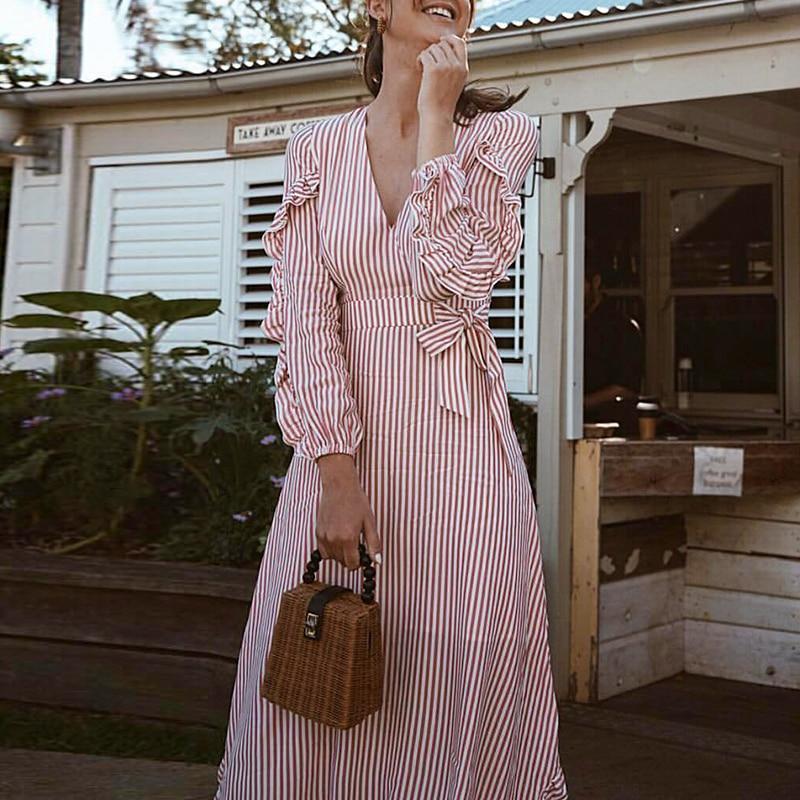 Casual Striped Ruffle long sleeve vintage long dress