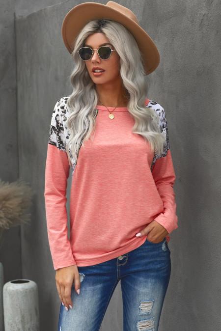 Pink Long Sleeve Top With Leopard Snakeskin Print