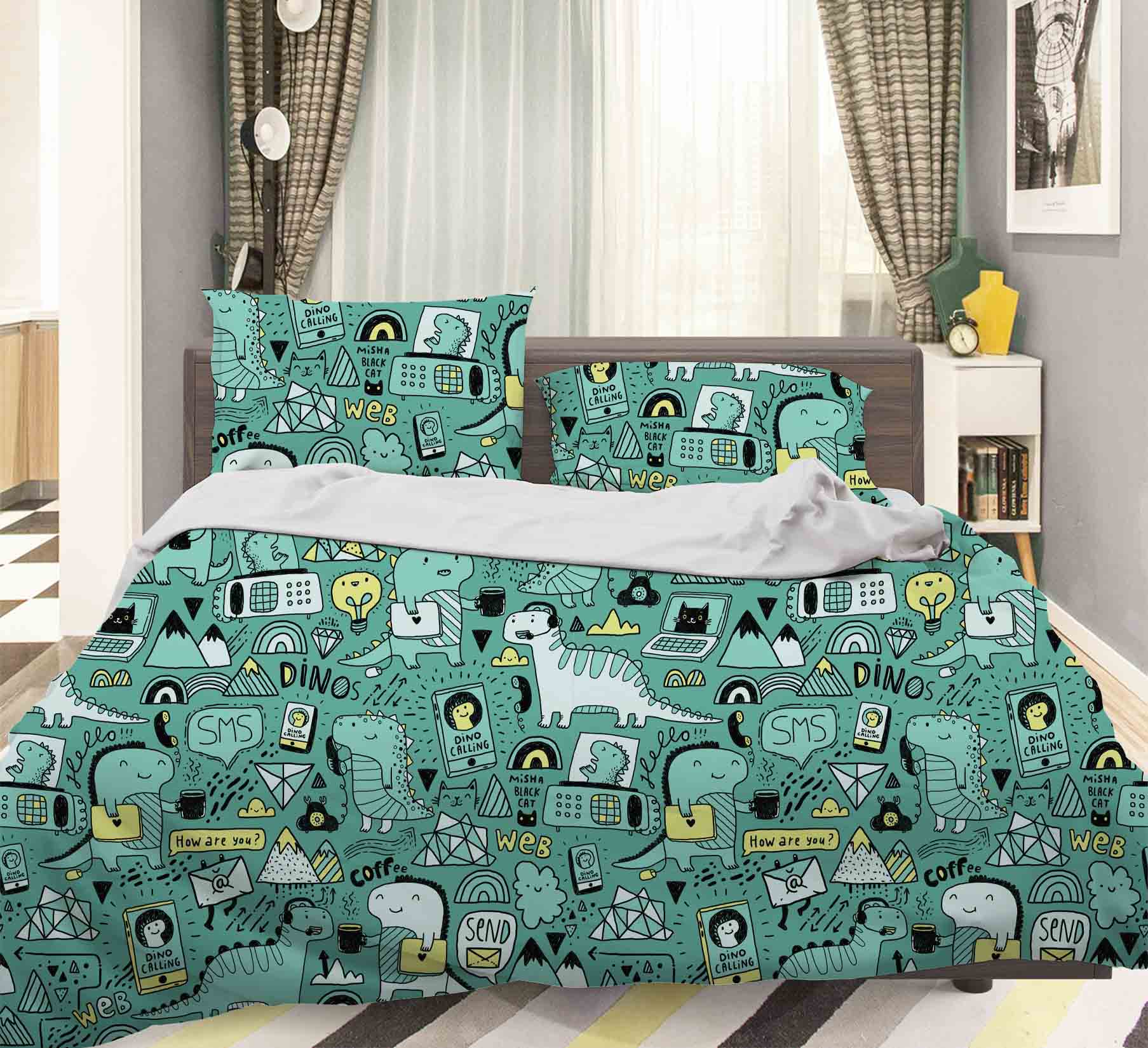 3D Green Cartoon Dinosaurs Pattern Quilt Cover Set Bedding Set Pillowcases  17