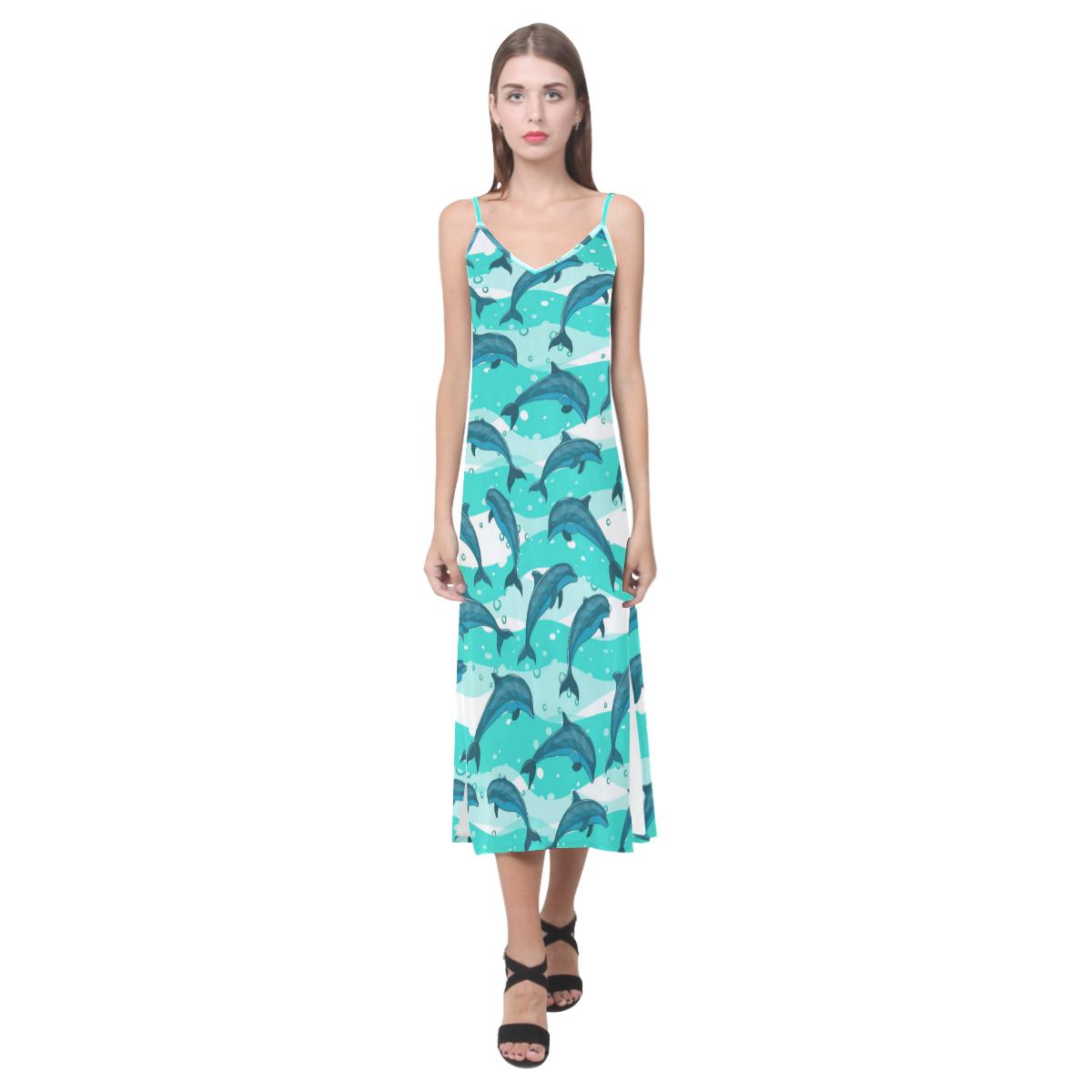 Dolphin sea pattern V-Neck Open Fork Long Dress