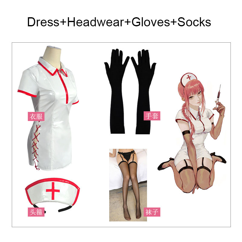 Anime Chainsaw Man Cosplay Costume Makima Nurse Uniform Artificial PU Leather Dresses and Nurse Cap alx