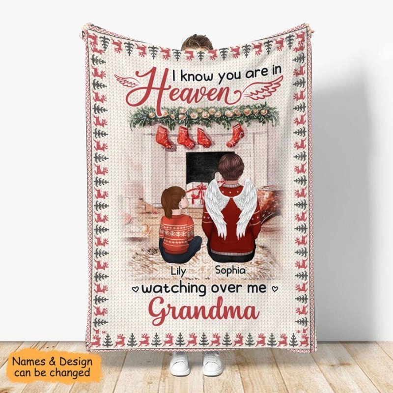 Kid And Angel Grandparents Cozy Personalized Christmas Blanket