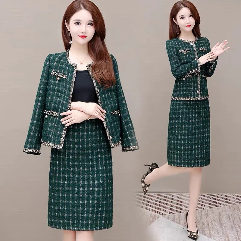 Vintage Green Plaid Tweed 2 Piece Skirt Set Women Outfits Elegant Long Sleeve Blends Jacket And Korean Straight Midi Skirts Suit alx