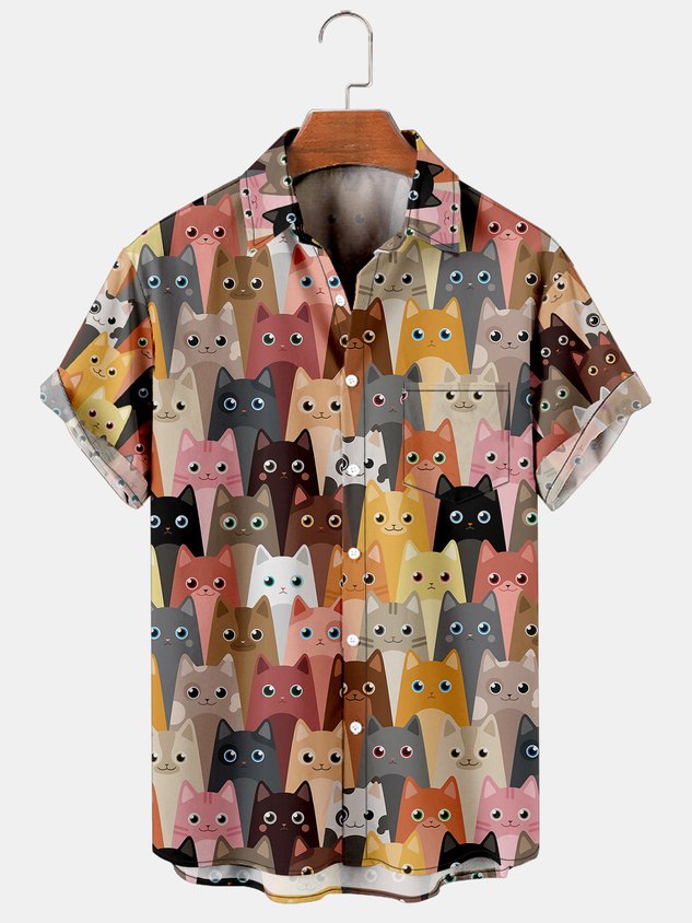 Men Holiday Leisure Animal Element Cat Pattern Hawaii Style Printed Shirt Ha3134