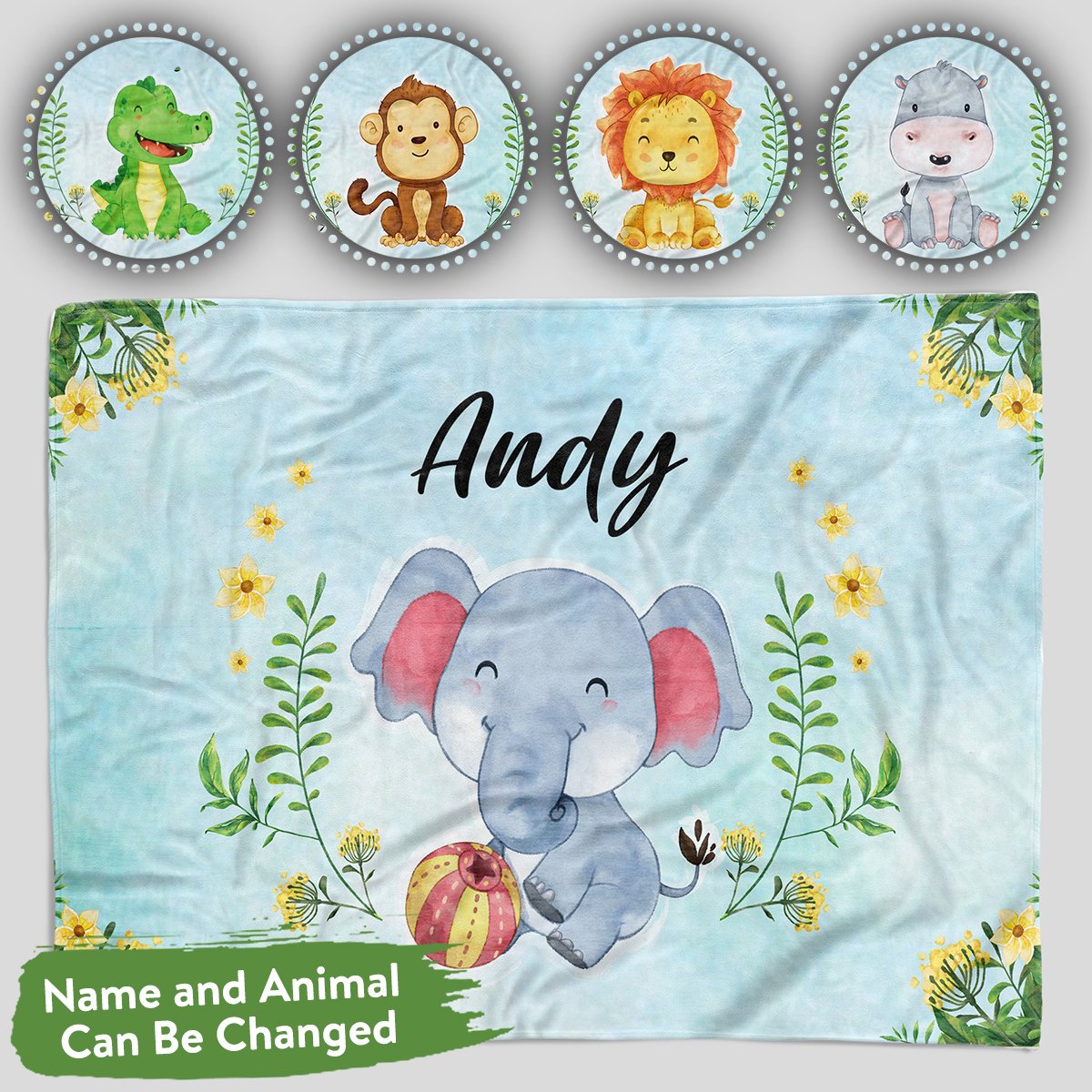 Personalized Baby Blankets With Name, Elephant, Monkey, Lion Baby Blanket Blue Color For Boy And Girl Baby