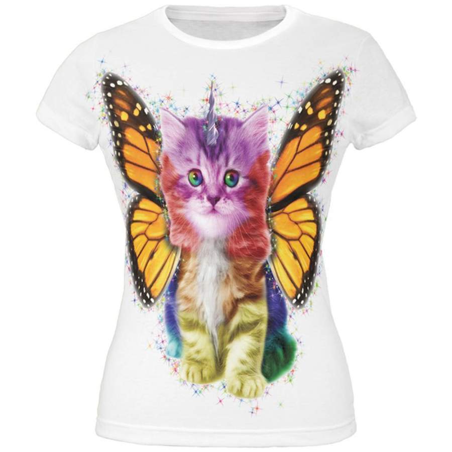 Rainbow Butterfly Unicorn Kitten Funny All Over Juniors T-Shirt