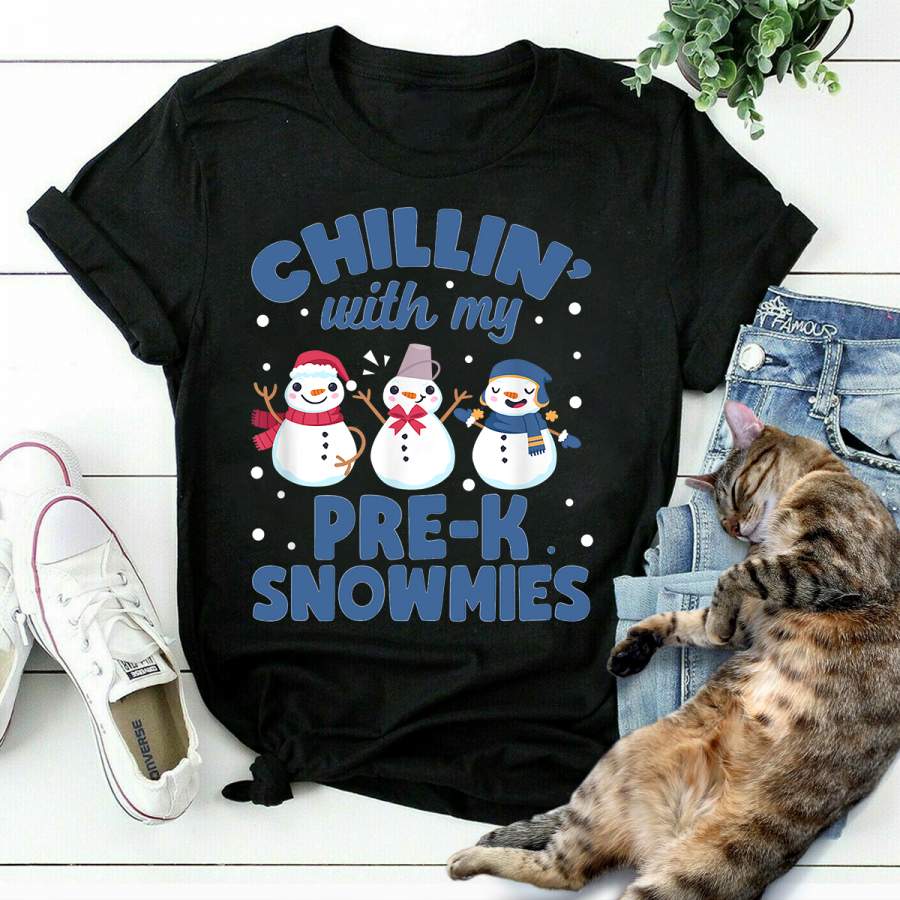 Christmas pre-k teacher chillin’ with my pre-k snowmies christmas snowman black cotton t shirt for men and women S-6XL