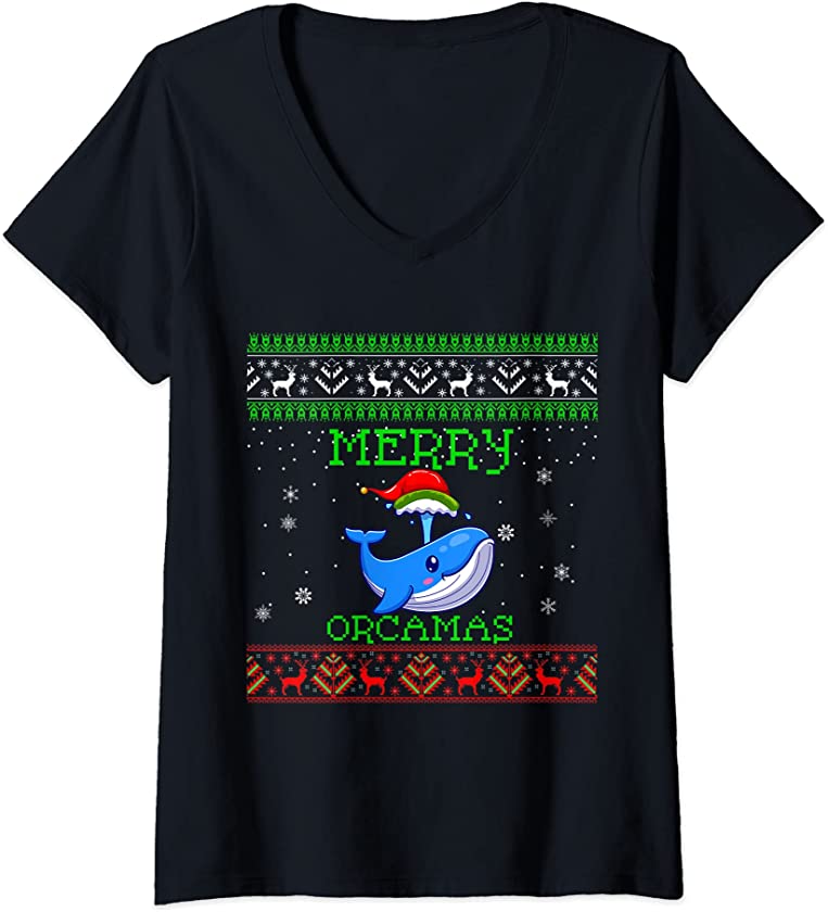 Womens Merry orcamas Ugly Christmas Sweater orca orcaman Santa V-Neck T-Shirt