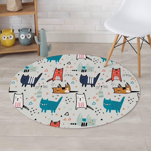 Cute Cartoon Doodle Cat Print Round Rug