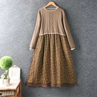 Autumn New Women Round Collar Loose Cotton Long Sleeve Dress Midi Dress alx