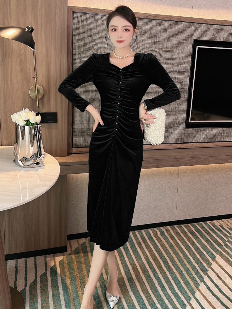 ZJYT Fashion Autumn 2022 Vintage Velvet Dress Long Sleeve Women Ruched Midi Party Vestidos Elegant V Neck Casual Robe Femme alx