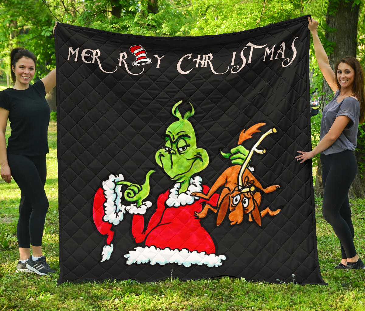 Christmas Premium Quilt | Grinch Holding Max Tail Quilt Blanket