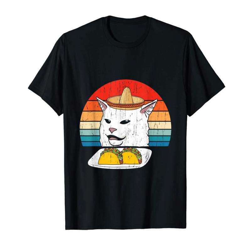 Vintage Woman Yelling At A Cat Eat Tacos Mexican Sombrero T-shirt