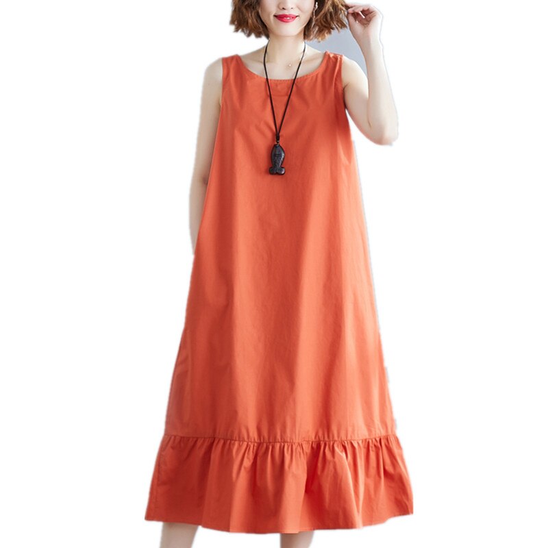 2022 New Sleeveless Loose Summer Dress Solid Color Cotton Linen Ruffle Holiday Travel Style Beach Casual Dress Women Midi Dress alx