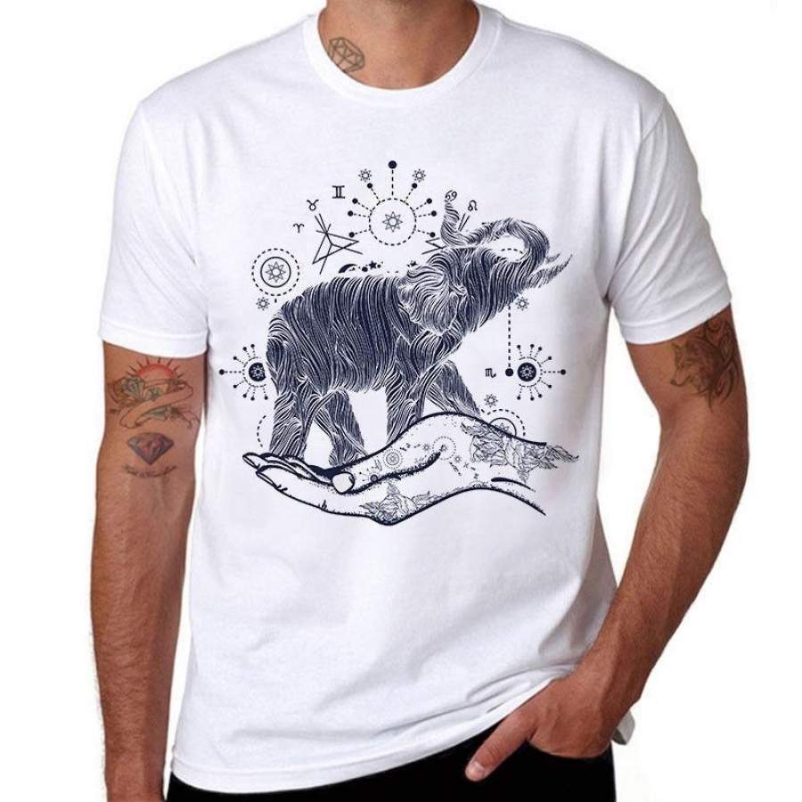 Hand Elephant Printed Funny Mens T-Shirt Summer Cotton Casual Short Sleeve