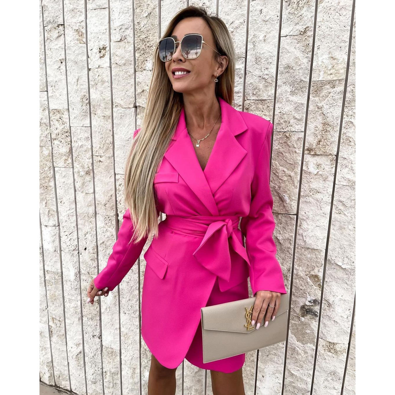 2022 Elegant Autumn Winter Women Suit Dress Solid Color Notched Long Sleeve A-LINE Belt Casual Office Lady Knee-Length Dresses alx