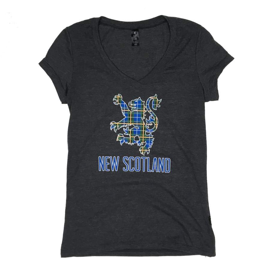 50/50 Organic Recycled Nova Scotia Tartan Lion V-Neck T-shirt in Heather Black