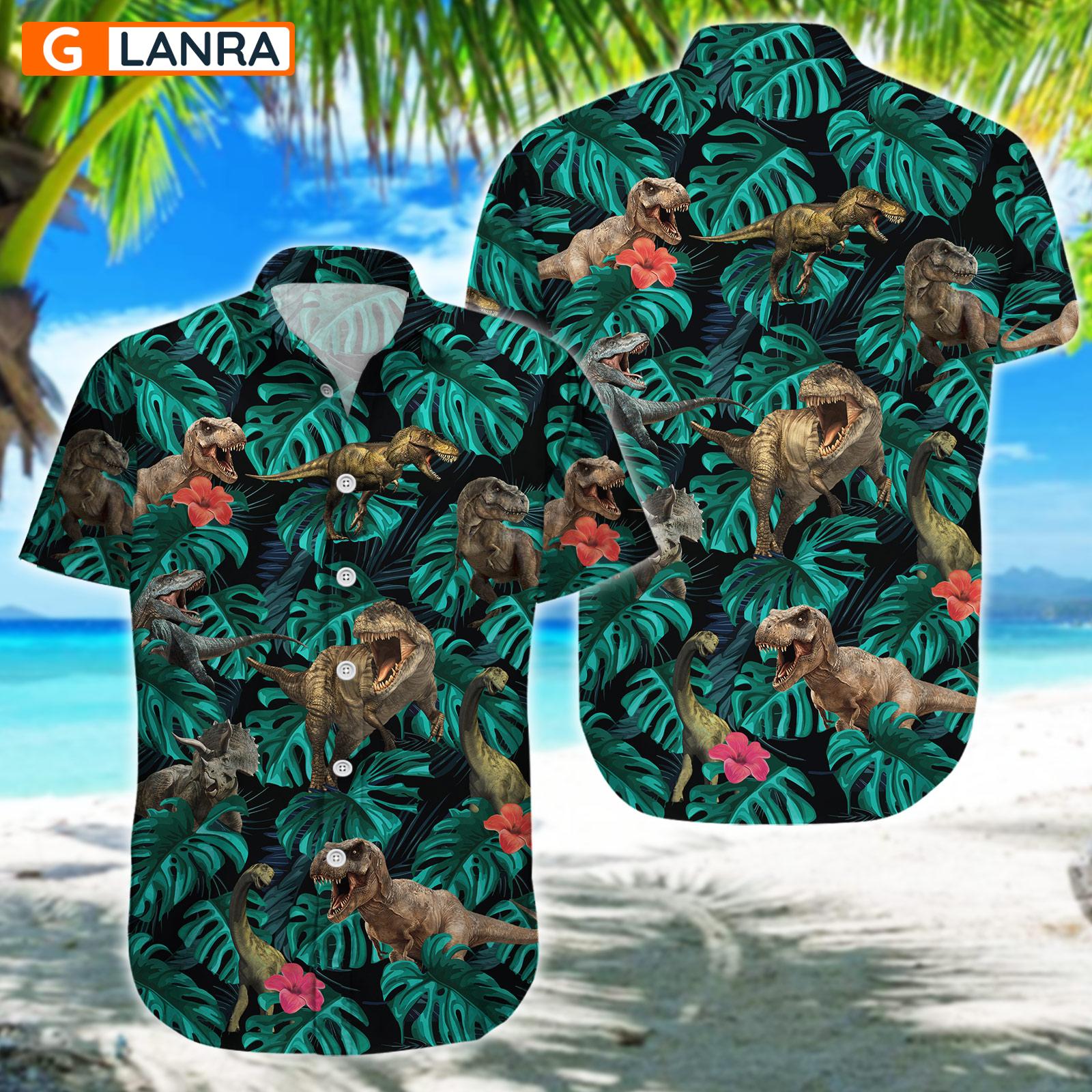 Dinosaur Palm Leaves Flower Button Shirt, Dinosaur Button Shirt, Summer Dinosaur Hawaiian Shirt, Dinosaur Leaf Hawaiian Shirt, Summer Tropical Shirt