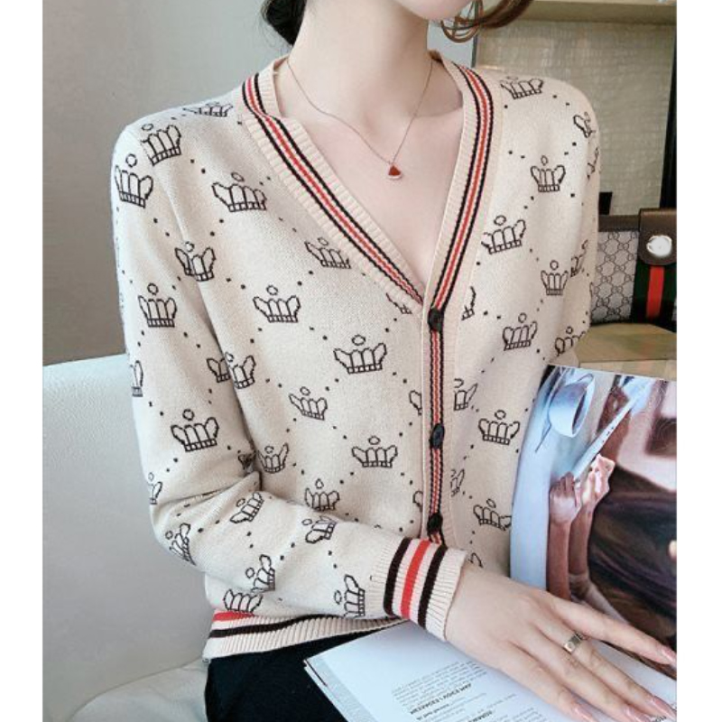 Spring and Autumn New Korean Style V-neck Long Sleeve Knit Cardigan Letter Loose Patchwork Sweater Coat Fashion Women Clothing alx