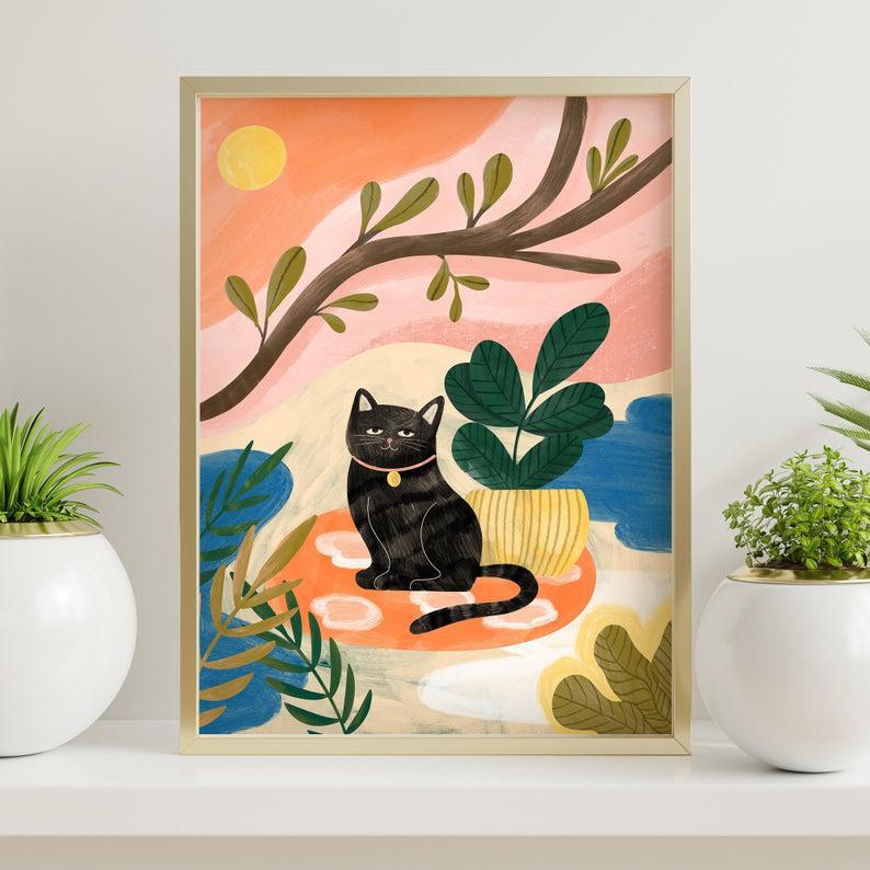 Cat Illustration Tropical Art Portrait Poster & Canvas Gift For Friend Family Nursery Decor Home Decor Wall Art Visual Art