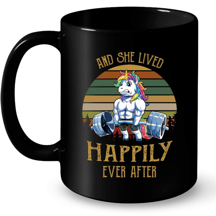 And She Lived Happily Ever After. Unicorn Weightlifting Fitness Gym, Classic Vintage – Full-Wrap Coffee Black Mug