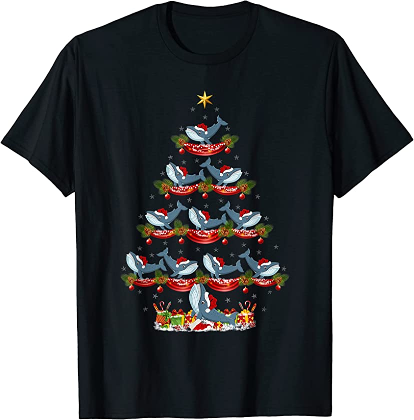 Blue Whale Fish Lover Xmas Holiday Blue Whale Christmas Tree T-Shirt