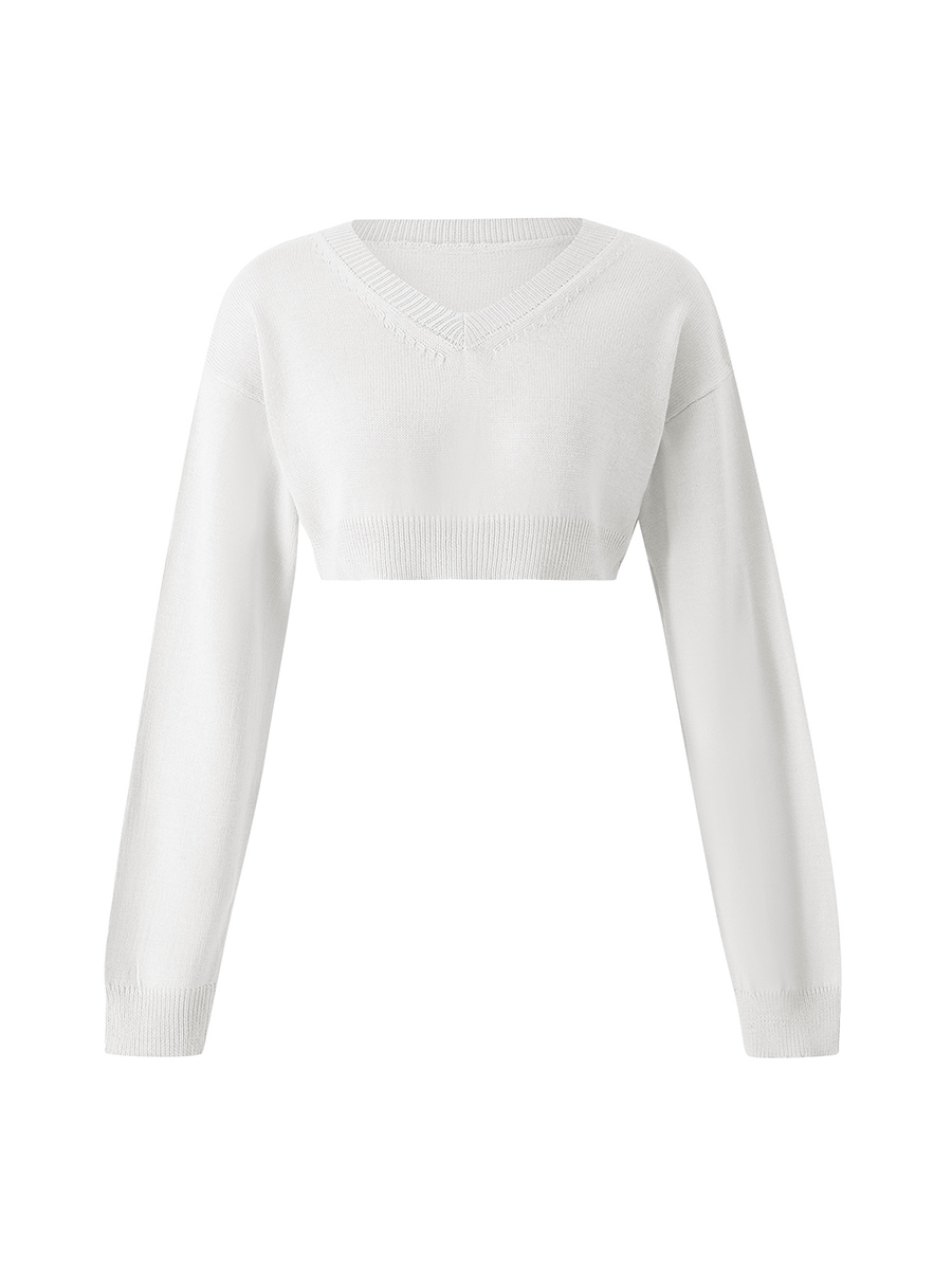 Women Cropped Sweater Long Lantern Sleeve V-Neck Solid Color Knitting Ribbed Basic Bottoming Crop Tops alx