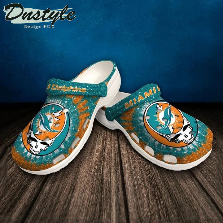 Miami Dolphins Skull Pattern Crocs Classic Clogs Shoes In Blue & Orange