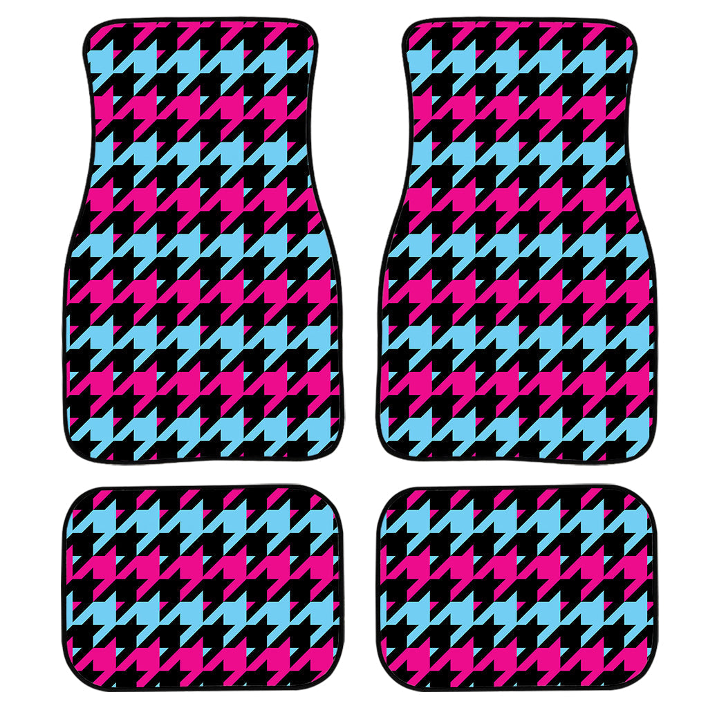 Pink Blue And Black Houndstooth Print Front And Back Car Floor Mats, Front Car Mat