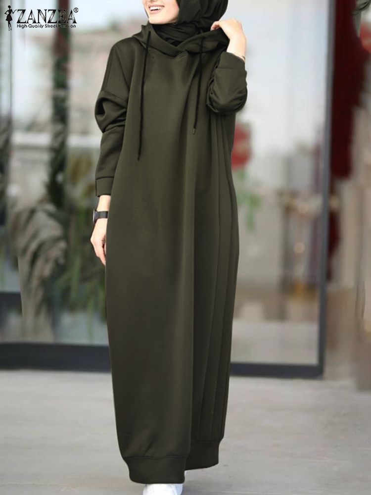 2022 ZANZEA Autumn Women Hoodies Long Sleeve Solid Maxi Sundress Fashion Winter Sweatshirt Dress Robe Femme Hooded Vestidos alx